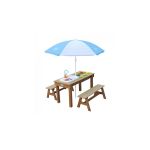 Axi House Dennis Table sable et eau Picnic avec cuisine evier et banc Marron Parasol Bleu Blanc