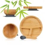 Relaxdays Vaisselle enfant avec ventouse, set 3 pi&egrave;ces, assiette, bol, cuill&egrave;re, bambou, compartiment&eacute;e, naturel/gris