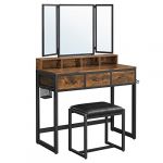 Calicosy VASAGLE Coiffeuse, Table de Maquillage avec Tabouret Rembourré, avec Miroir Triple, 3 Tiroirs, Porte-sèche-Cheveux, Pot, Style Industriel, Marron Rustique et Noir RVT004B01