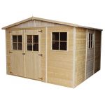 Timbela Abri de Jardin en Bois Naturel Stockage ext&eacute;rieur avec fen&ecirc;tres 324x316 cm/9 m&sup2; hangar en bois naturel Atelier rangement outils et v&eacute;los M335