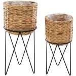 Atmosphera ???????Set de 2 Pots en Jacinthe d'eau tressée??????? et Support en métal Noir H 43 et H 54 cm