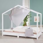 Roba Lit cabane 70 x 140 cm avec sommier à lattes - Lit pour enfants au ras du sol selon le principe Montessori - Extensible avec housse de lit cabane - Bois laqué blanc