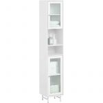 Sobuy Meuble Colonne de Salle de Bain BZR118-W - 2 Portes en Verre - 2 Compartiments Ouverts - Blanc - 30x30x171 cm