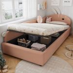 Lit coffre pour enfants 90x200cm - tête de lit en forme de lapin - clôture de gauche - velours - Rose(sans matelas)
