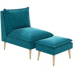 Homcom Fauteuil design scandinave grand confort - repose-pied inclus - piètement effilé incliné bois hévéa velours turquoise - Bleu