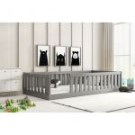 Interbeds - Lit enfant Bella 96x194 Dim. Matelas 90x190 Style Montessori – Au sol- Barrière de Sécurité - Sommier à Lattes- Bois Massif- Pin-Sans