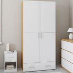 Idmarket Armoire 2 portes JULIANA blanc et bois &eacute;tag&egrave;res 80 cm avec 1 tiroir