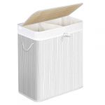 Songmics Panier à linge avec couvercle, Corbeille à linge en bambou, 2 compartiments de tri, sac amovible, poignées en coton, volume 100L, pour buanderie, chambre, Blanc LCB64WT