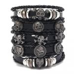 Bracelet homme Viking en cuir noir - ensemble multicouche tissé à la main - détails tête de mort - 22-24 cm