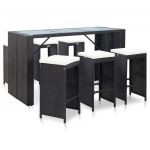 VidaXL Meuble de bar de jardin 7 pcs et coussins Résine tressée Noir