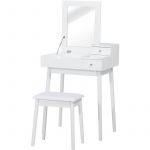Homcom Coiffeuse Table de Maquillage avec Tabouret Miroir Rabattable Coffre + 2 tiroirs MDF Bois Massif pin Blanc