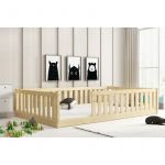 Interbeds - Lit enfant Bella 126x204 Dim. Matelas 120x200 Style Montessori – Au sol- Barrière de Sécurité - Sommier à Lattes- Bois Massif- Pin-Sans
