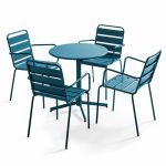 Oviala Table de jardin bistrot rabattable ?70cm et 4 fauteuils en métal Palavas - Bleu Pacific - Bleu