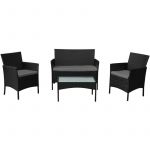 Happy Garden Salon de jardin CORFOU en r&eacute;sine tress&eacute;e noire 4 places - coussins gris