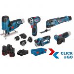 Bosch Pack de 5 machines 12 V (GSR12+GST70+GWS26+GOP12+GHO20) avec 3 batteries 2 Ah en coffret XL-BOX - 0615A0017D