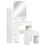 Homcom Ensemble coiffeuse tabouret design contemporain multi-rangement 4 tiroirs 4 étagères grand miroir blanc - Blanc