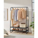 VASAGLE Portant à Vêtement, Porte-manteaux, Armoire, Vestiaire, avec 2 Étagères, 6 Crochets en Forme de S, Cadre en Acier, pour Chambre, Noir Boisé