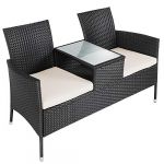 Deuba | Banc de jardin • polyrotin noir • 2 personnes • Table intégrée et coussins amovibles • résistant aux intempéries | Duo, extérieur, jardin, terrasse