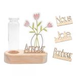 Kit socle en bois naturel et fiole en verre - fleurs acrylique + 4 mots bois - 8,5 x 1,7 x 3,6 cm