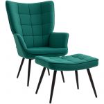Homcom Fauteuil design n&eacute;o-r&eacute;tro haut dossier effet capitonn&eacute; &agrave; oreilles - repose-pied inclus - pi&egrave;tement effil&eacute; acier noir tissu aspect velours vert