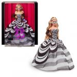 Mattel Signature 65ème Anniversaire Poupée de Collection avec Cheveux blonds, Robe Noir et Blanc, Boucles d’Oreilles Saphir et Lunettes de Soleil