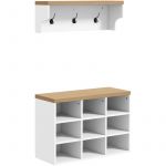 Homcom Ensemble meuble d'entrée 2-en-1 - porte-manteau mural banc à chaussures - 3 crochets et 9 niches - blanc et chêne