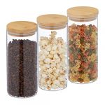 Relaxdays Lot de 3 bocaux en verre, couvercle bambou, bocal conservation rond, 1300 ml, herm&eacute;tique, transparent/nature