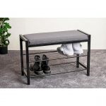 Banc de rangement chaussures m&eacute;tal noir assise en tissu rembourr&eacute;e