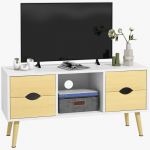 Homcom Meuble TV style scandinave 4 tiroirs coulissants niche passe-fils pi&egrave;tement bois pin blanc aspect bois clair