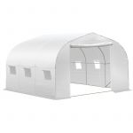 Outsunny Serre Tunnel de Jardin dim. 3,5L x 3l x 2H m Porte + 6 fenêtres enroulables Acier galvanisé bâche PE Haute densité Blanc