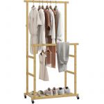 Homcom Portant &agrave; v&ecirc;tements - roulettes - double barre et &eacute;tag&egrave;re inf&eacute;rieure - bambou - 80x40x160cm - bois naturel
