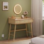 Coiffeuse avec miroir et lumière 3 tiroirs imitation rotin beige chêne