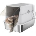 Pawhut Bac &agrave; liti&egrave;re ferm&eacute; XL - en acier inoxydable - pour grand chat - nettoyage facile - avec couvercle et pelle - gris clair