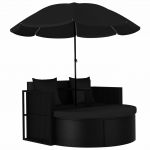 VidaXL Lit de jardin avec parasol R&eacute;sine tress&eacute;e Noir