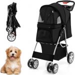 Poussette pour Chien Pliable &agrave; 4 Roues Charge 15KG, Chariot pour Chat Portable avec Panier de Rangement Fen&ecirc;tre en Maille, pour Animaux de Compagnie