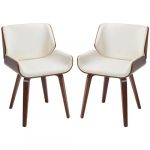 Lot de 2 chaises design vintage piètement châssis bois peuplier aspect noyer revêtement mixte synthétique tissu crème - Crème