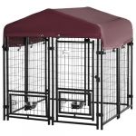 Pawhut Chenil extérieur pour chien - cage chien - enclos chien - toile toit imperméable anti-UV, porte verrouillable, 2 bols rotatifs - acier noir oxford pourpre