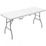 Table pliante de camping jardin dim. 180 x 74 x 74 cm avec poign&eacute;e m&eacute;tal &eacute;poxy gris HDPE blanc
