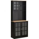 Homcom Armoire de cuisine multi-rangements 3 portes vitrine verre avec &eacute;tag&egrave;re 2 niches grand plateau MDF noir ch&ecirc;ne 80x37x183cm Noir