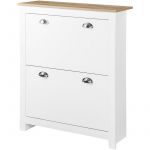 Homcom Armoire à chaussures 2 portes abattantes 2 compartiments poignées coquilles métal MDF blanc chêne clair