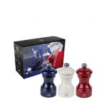 Peugeot Bistro Trio France Trio 2 moulins Poivre et 1 moulin Sel, manuels en bois, bleu, blanc et rouge, 10 cm