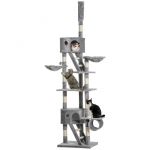 Pawhut Arbre à chat du sol au plafond - réglable en hauteur de 240-260 cm - plusieurs niveaux - avec griffoirs niches - gris