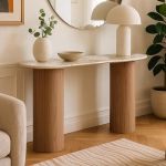 Console moderne pieds colonnes Eglantine Bois et Céramique Effet marbre Blanc