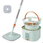 Serpillère COSTWAY avec Seau et 2 Tampons Réutilisables, Balai Rotative à 360°avec Essoreuse, Fonction Lavage et Séchage