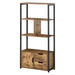 Homcom Bibliothèque style industriel 3 étagères placard porte 2 tiroirs panneaux particules aspect vieux bois acier noir 58x24x122cm Marron