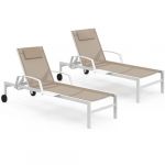 Idmarket Lot de 2 transats de jardin inclinables JAVA avec tablettes en acier blanc et toile beige