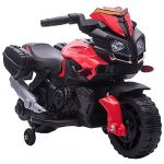 Homcom Moto électrique Enfant 6 V 3 Km/h Effet Lumineux et sonore roulettes Amovibles Repose-Pied valises latérales métal PP Rouge Noir
