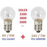 Cyclingcolors KIT AMPOULE AVANT ARRIERE 6V 6W + 14V 7W SOLEX 330 660 1400 1700 2200 3300 3800 4600 5000 45CC CYCLOMOTEUR FEU PHARE LAMPE DYNAMO MOBYLETTE E10