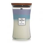Woodwick Trilogy grande bougie parfumée en jarre avec mèche qui crépite, Séjour au calme, Temps de combustion jusqu'à 130 heures
