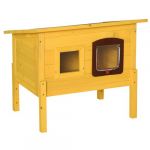 Maison niche pour chat sur pied toit bitumé ouvrant porte fenêtre bois verni